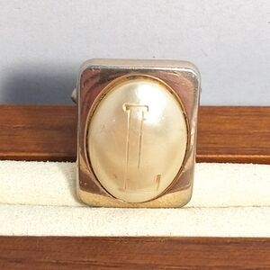 Vintage Letter L Cufflink Swank Oval Imitation Pearl Cabochon Gold 1930s